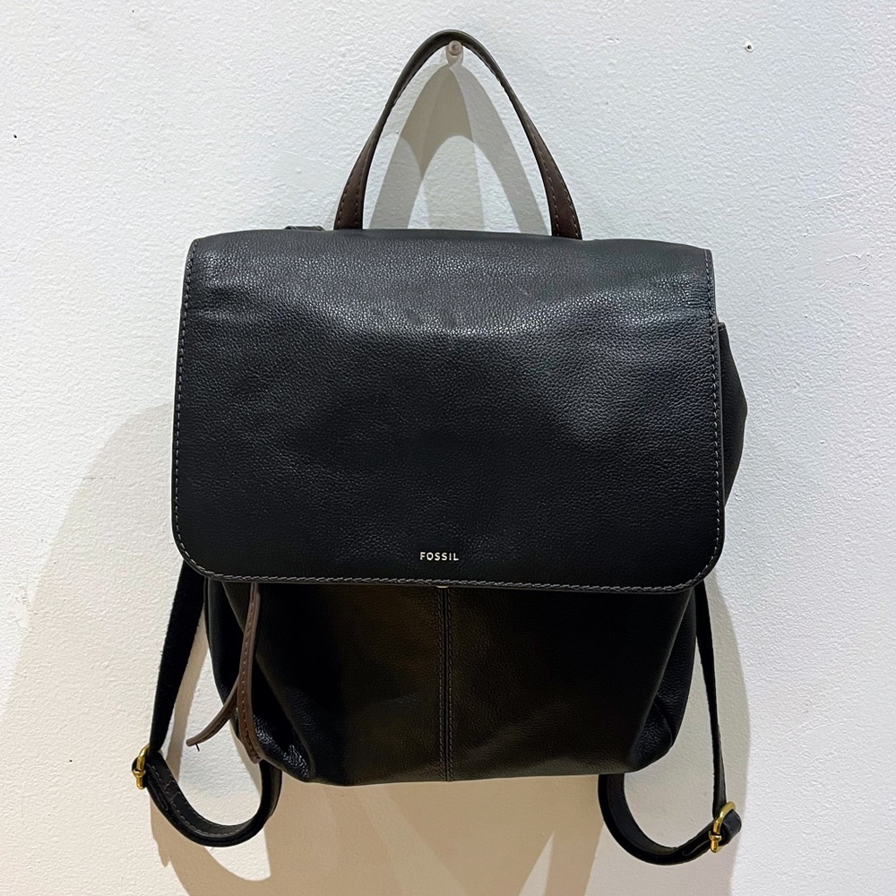 Fossil Mini Backpack Purse Black & Brown Snap Flap Gold Hardware Leather